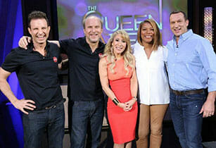 Lori Greiner, Queen Latifah & inventors Marc and Jeff with Drop Stop